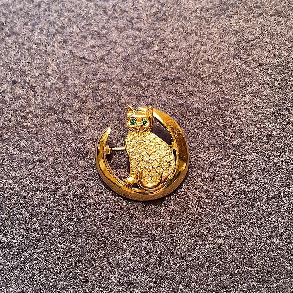 Vintage goldtone metal and rhinestone cat pin. Green eyes. Sturdy clasp. Cute! - Picture 1 of 4